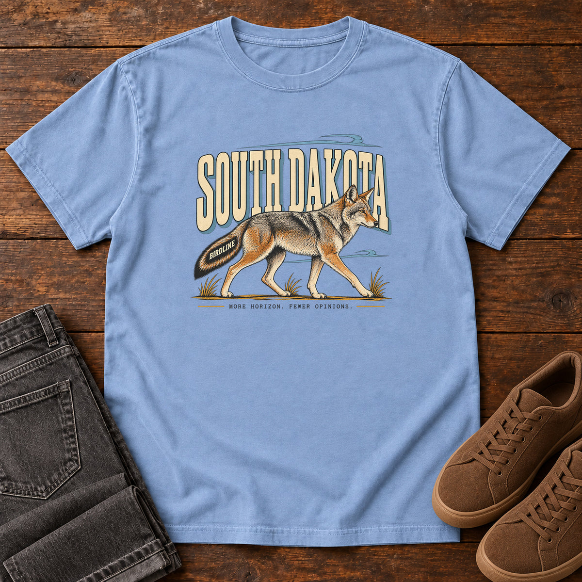 South Dakota More Horizon Fewer Opinions Coyote T-Shirt in Washed Denim