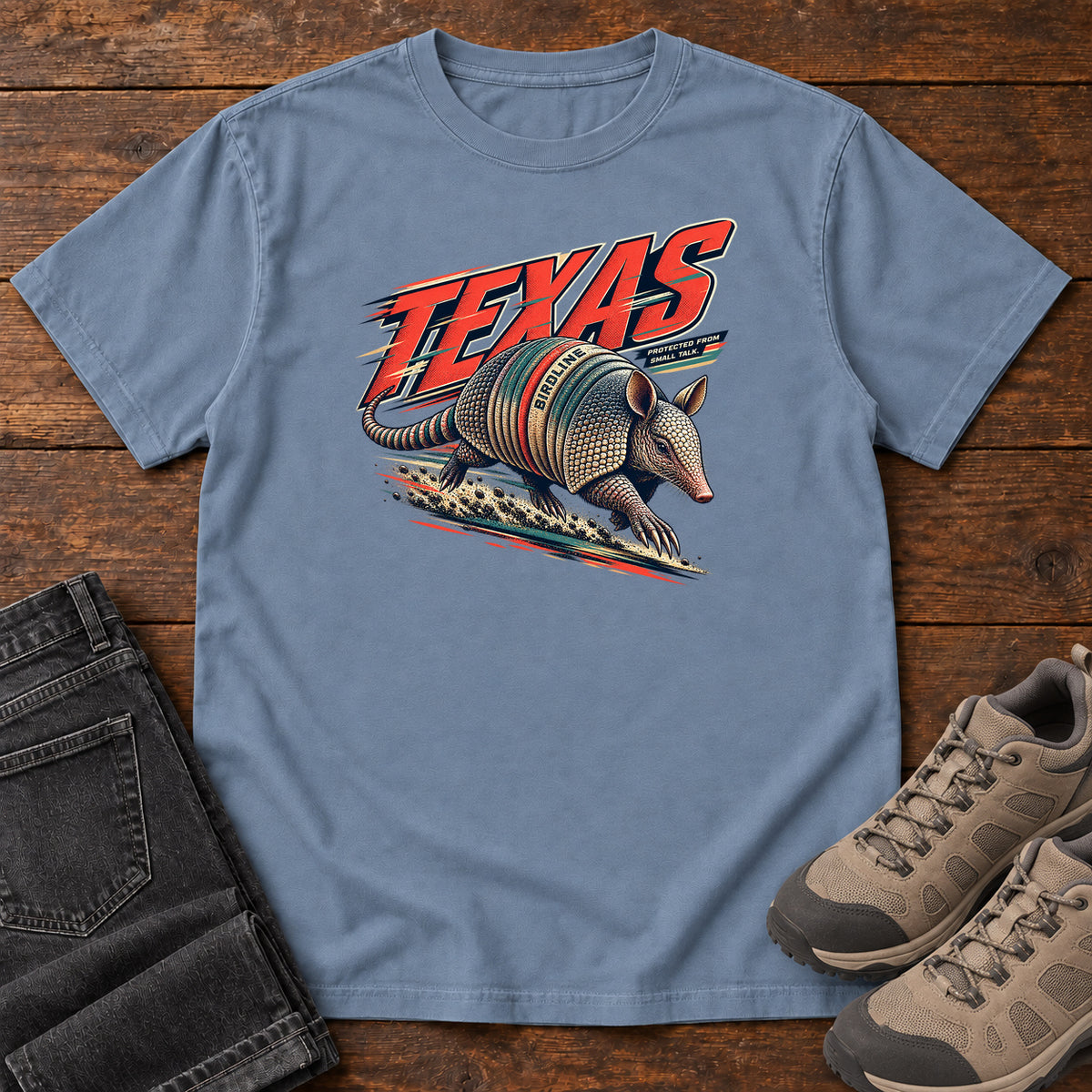 Texas Protected from the Sun Armadillo T-Shirt in Blue Jean