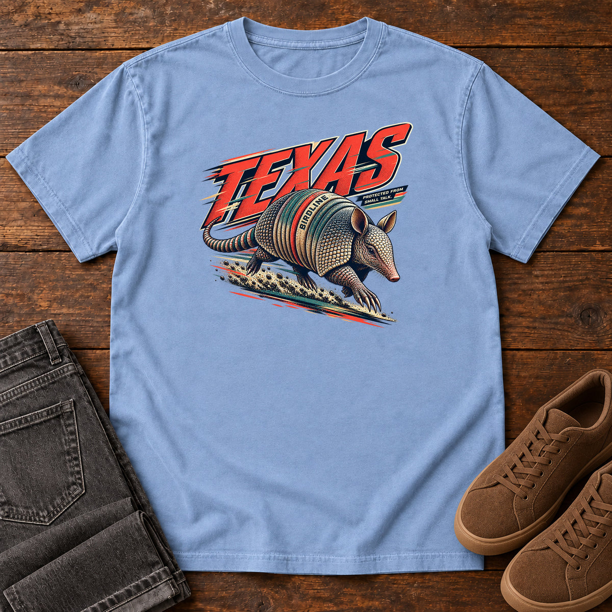 Texas Protected from the Sun Armadillo T-Shirt in Washed Denim