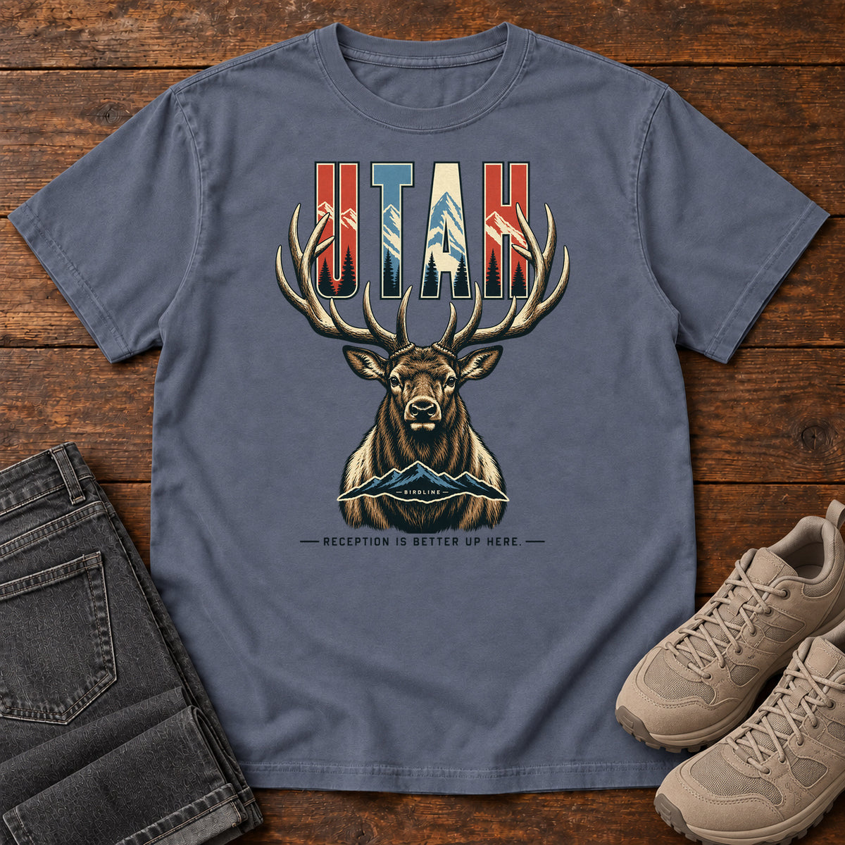 Utah Reception Is Better Up Here Elk T-Shirt in Denim