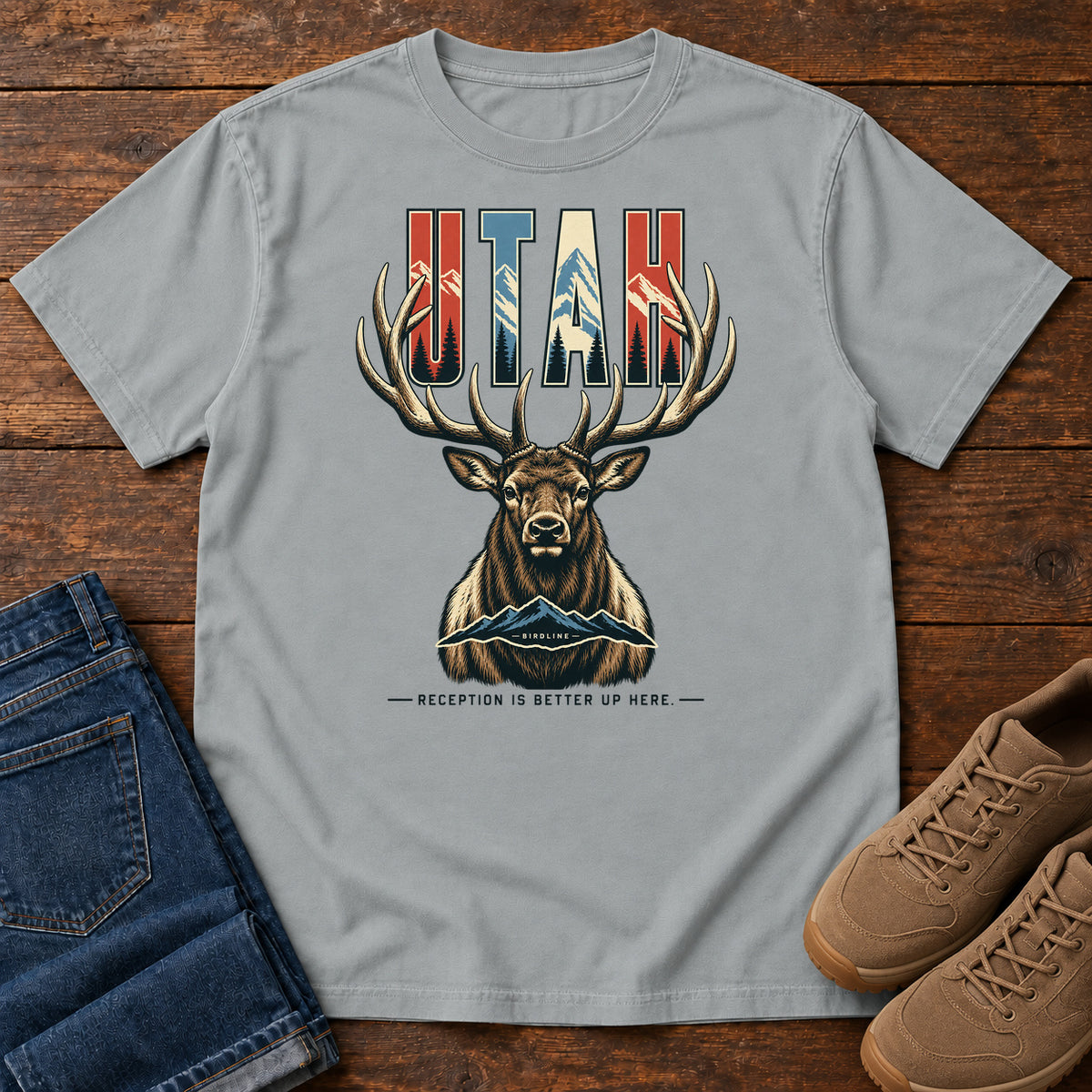 Utah Reception Is Better Up Here Elk T-Shirt in Granite