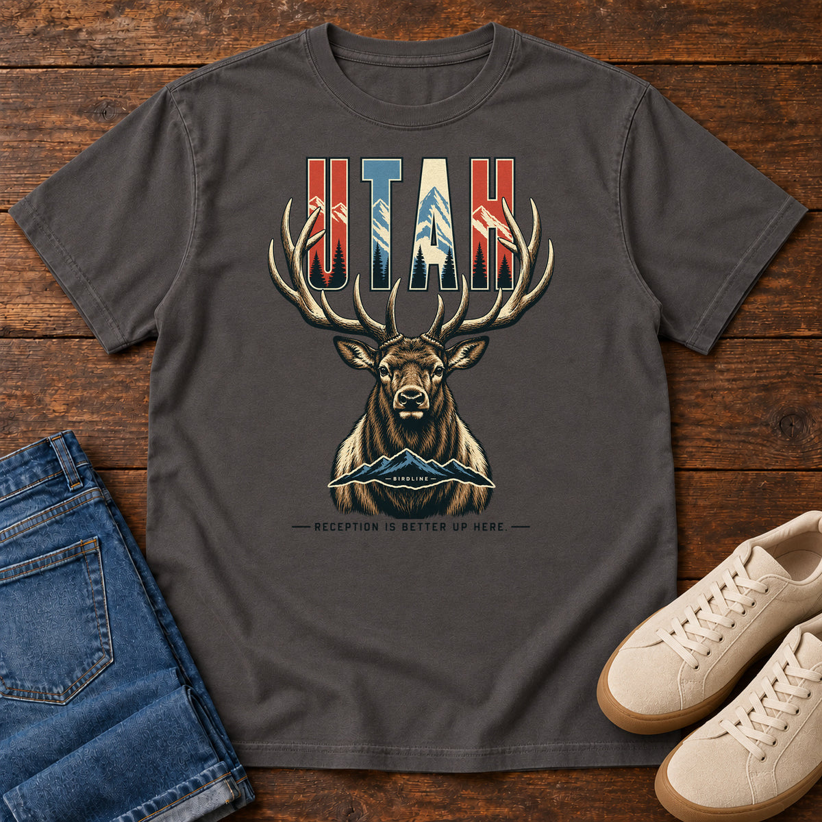 Utah Reception Is Better Up Here Elk T-Shirt in Graphite