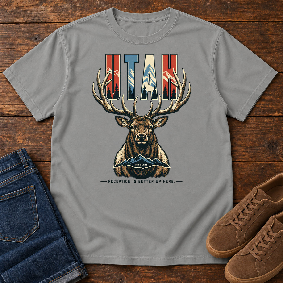 Utah Reception Is Better Up Here Elk T-Shirt in Grey