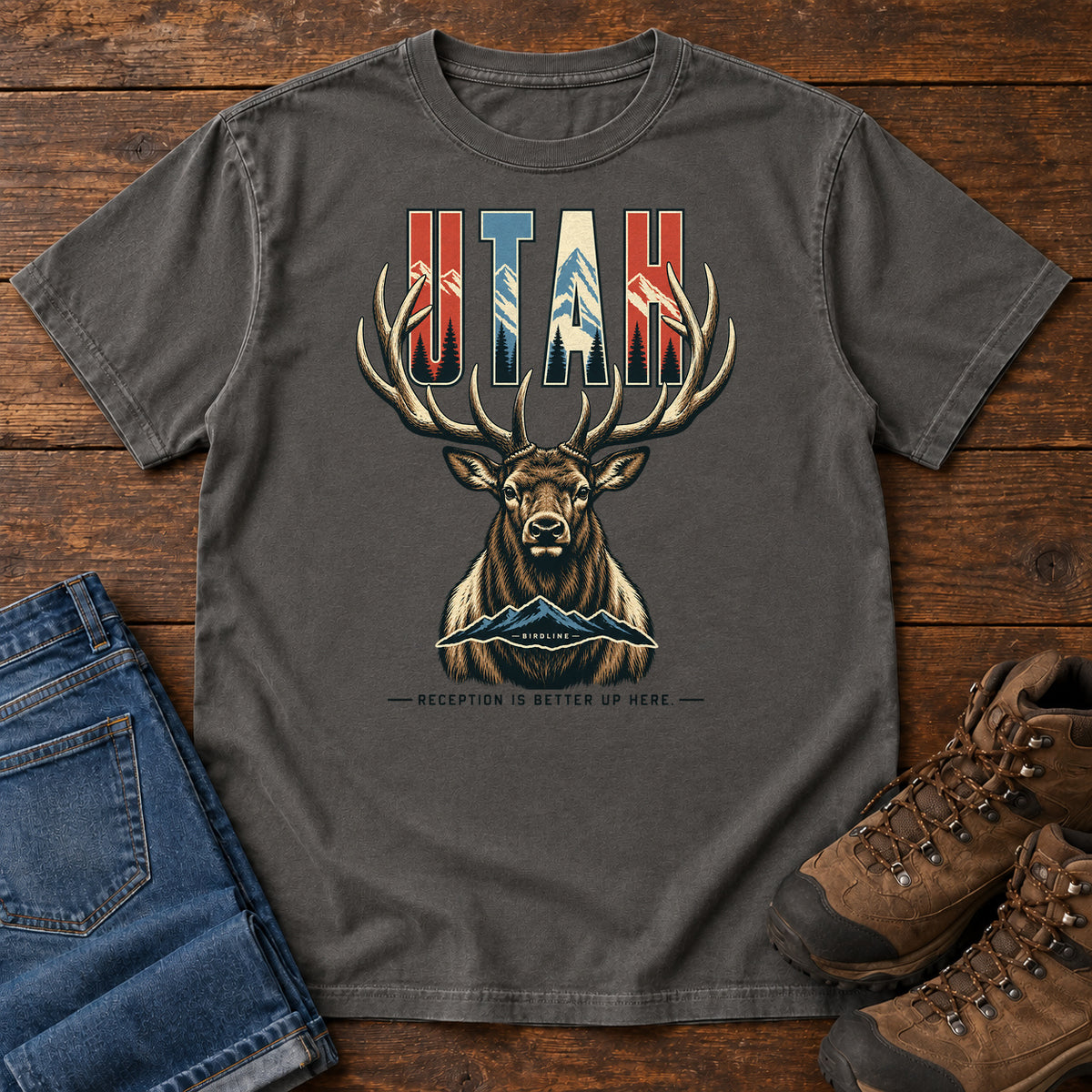 Utah Reception Is Better Up Here Elk T-Shirt in Pepper