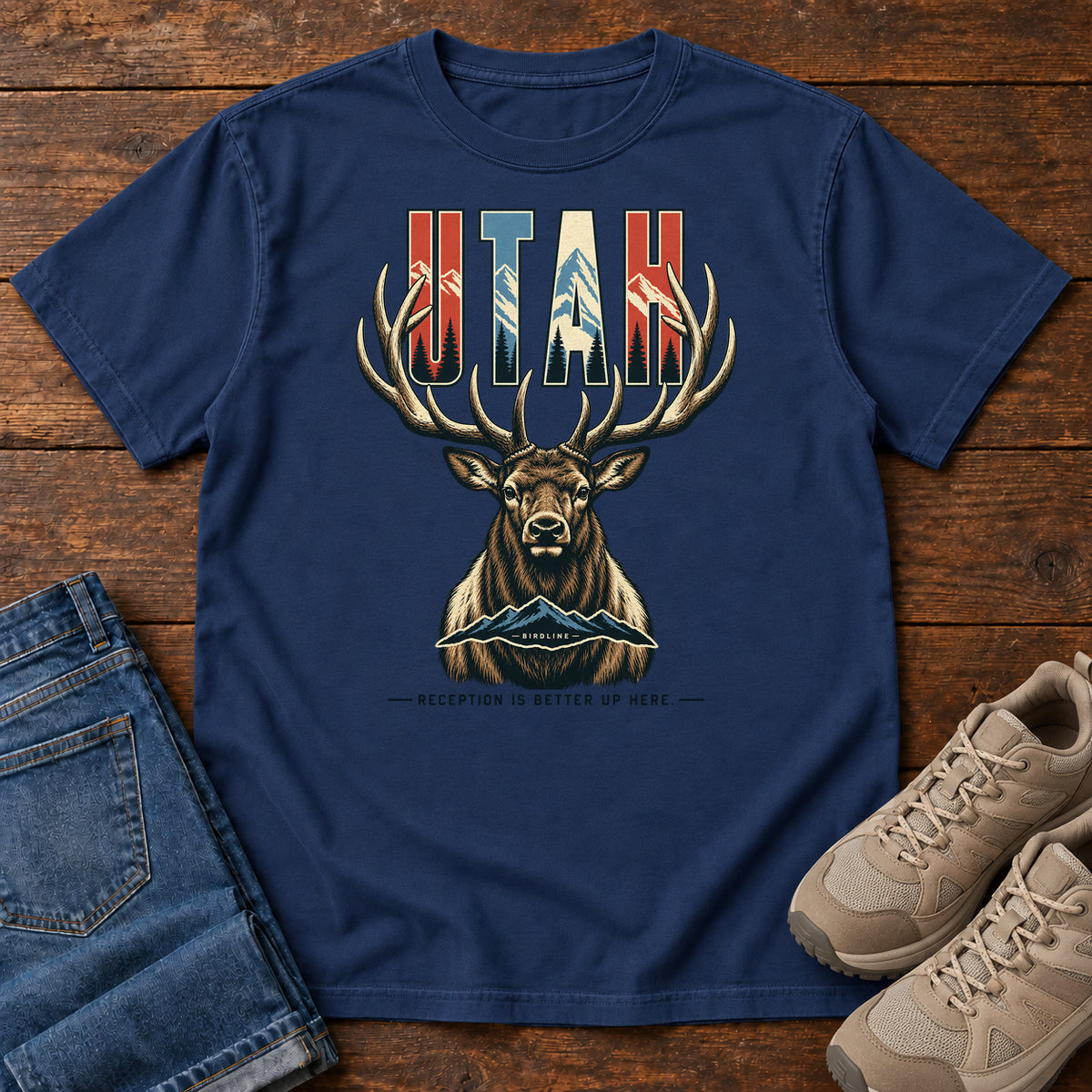 Utah Reception Is Better Up Here Elk T-Shirt in True Navy