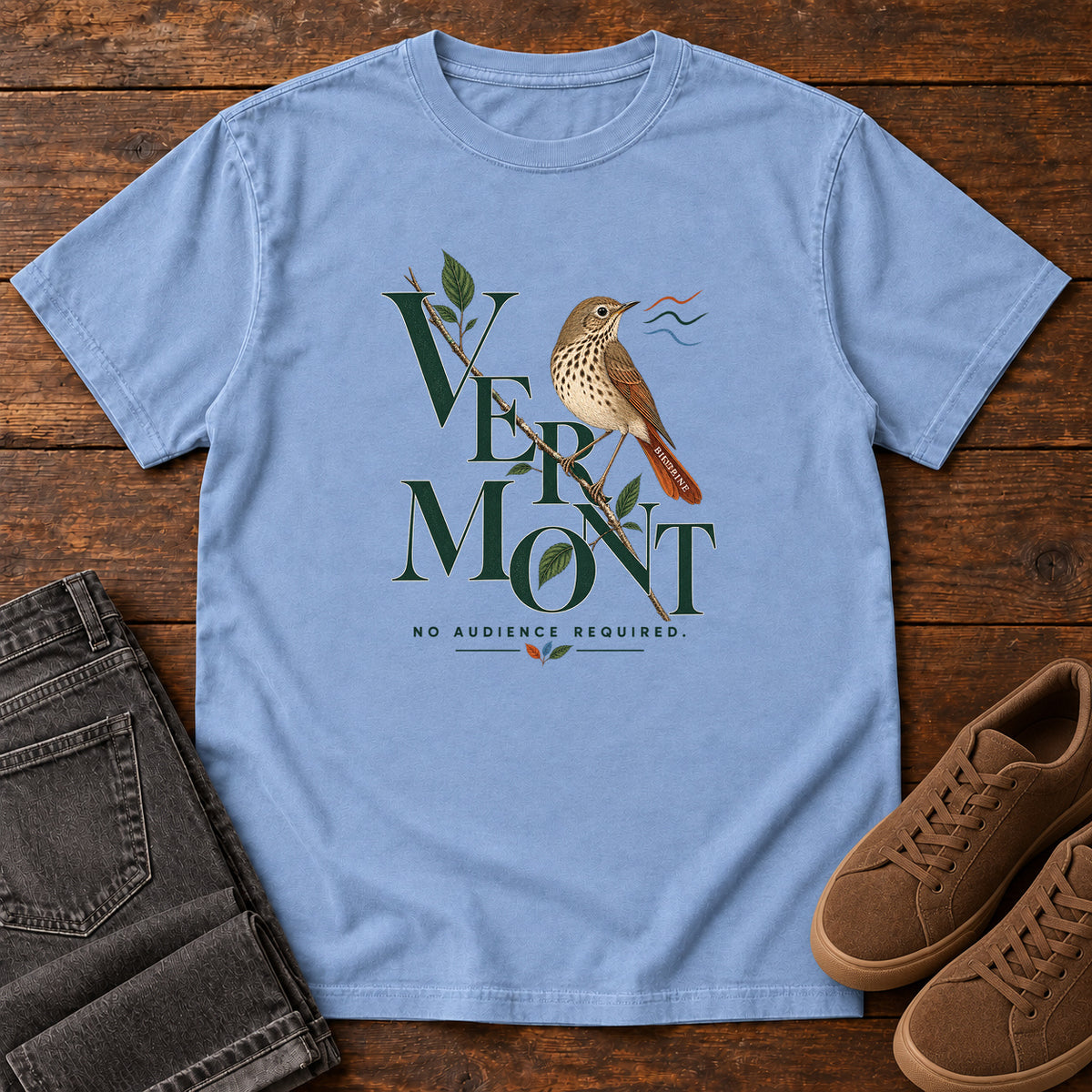 Vermont No Audience Required Thrush T-Shirt in Washed Denim