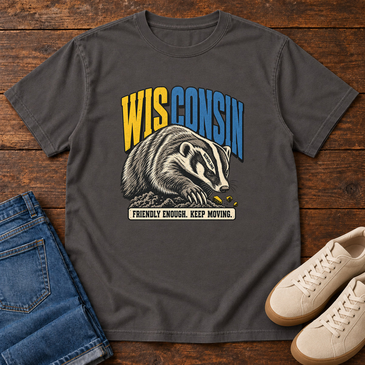 Wisconsin Friendly Enough Keep Moving Badger T-Shirt in Graphite