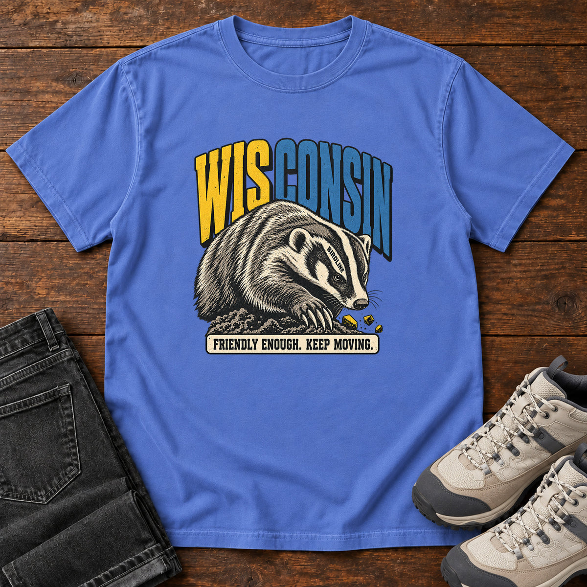 Wisconsin Friendly Enough Keep Moving Badger T-Shirt in Mystic Blue