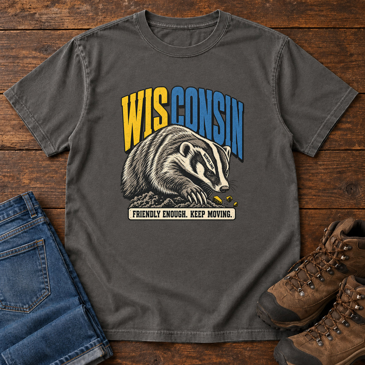 Wisconsin Friendly Enough Keep Moving Badger T-Shirt in Pepper