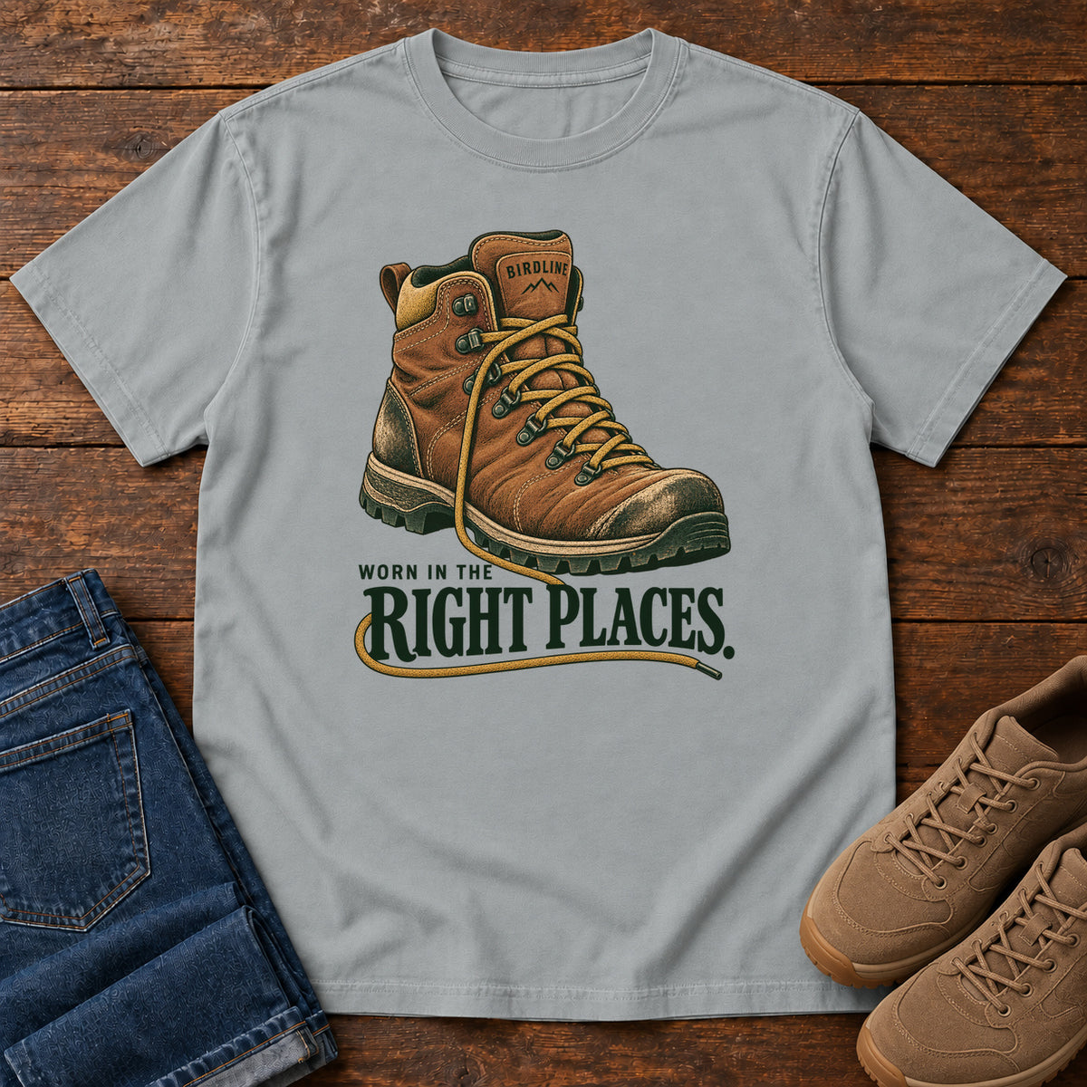 Worn in the Right Places T-Shirt in Granite, front laid flat on wood, featuring a brown lace-up hiking boot above dark green slogan lettering.