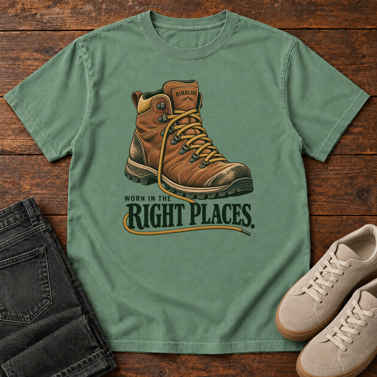 Worn in the Right Places T-Shirt in Light Green, front laid flat on wood, featuring a brown lace-up hiking boot above dark green slogan lettering.