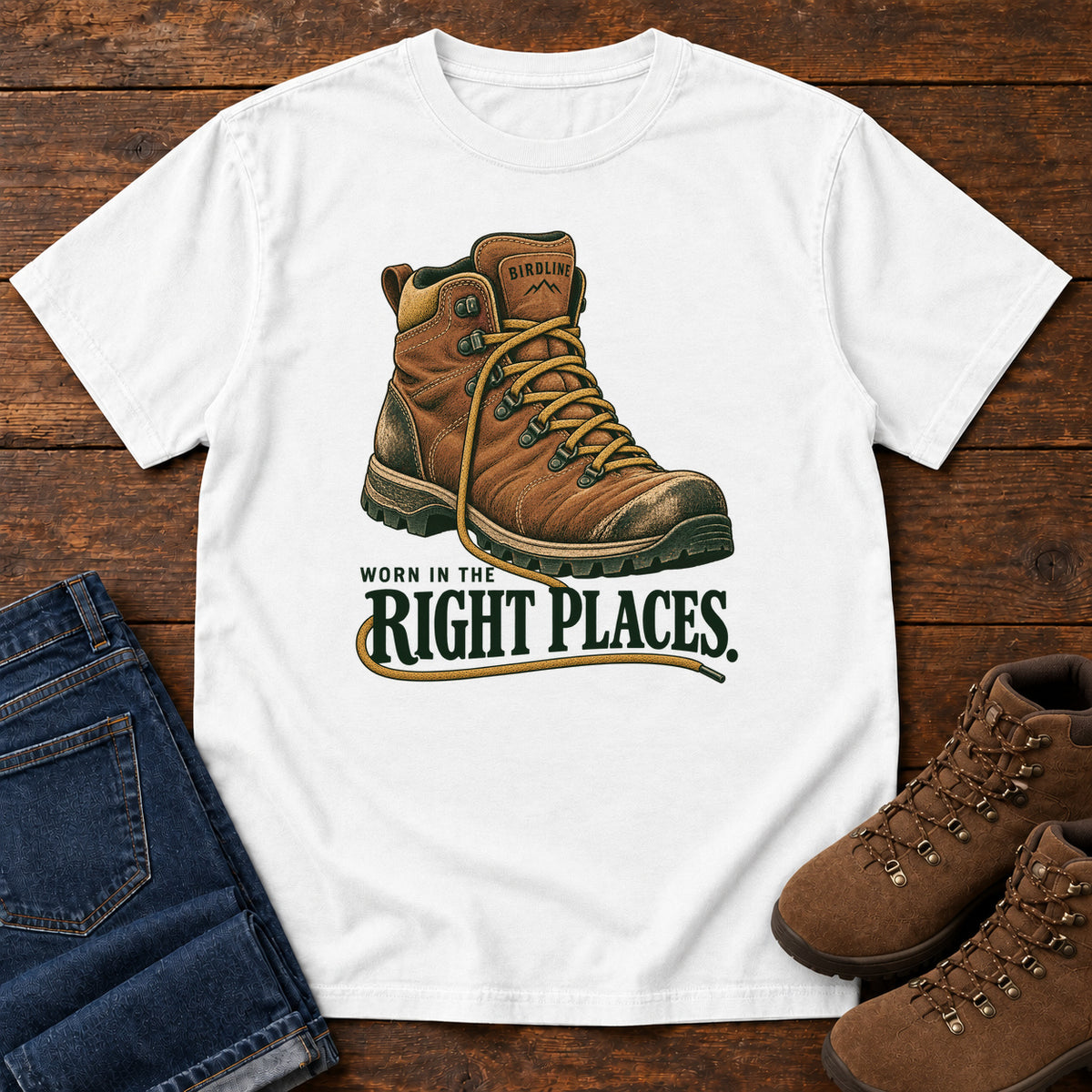 Worn in the Right Places T-Shirt in White, front laid flat on wood, featuring a brown lace-up hiking boot above dark green slogan lettering.