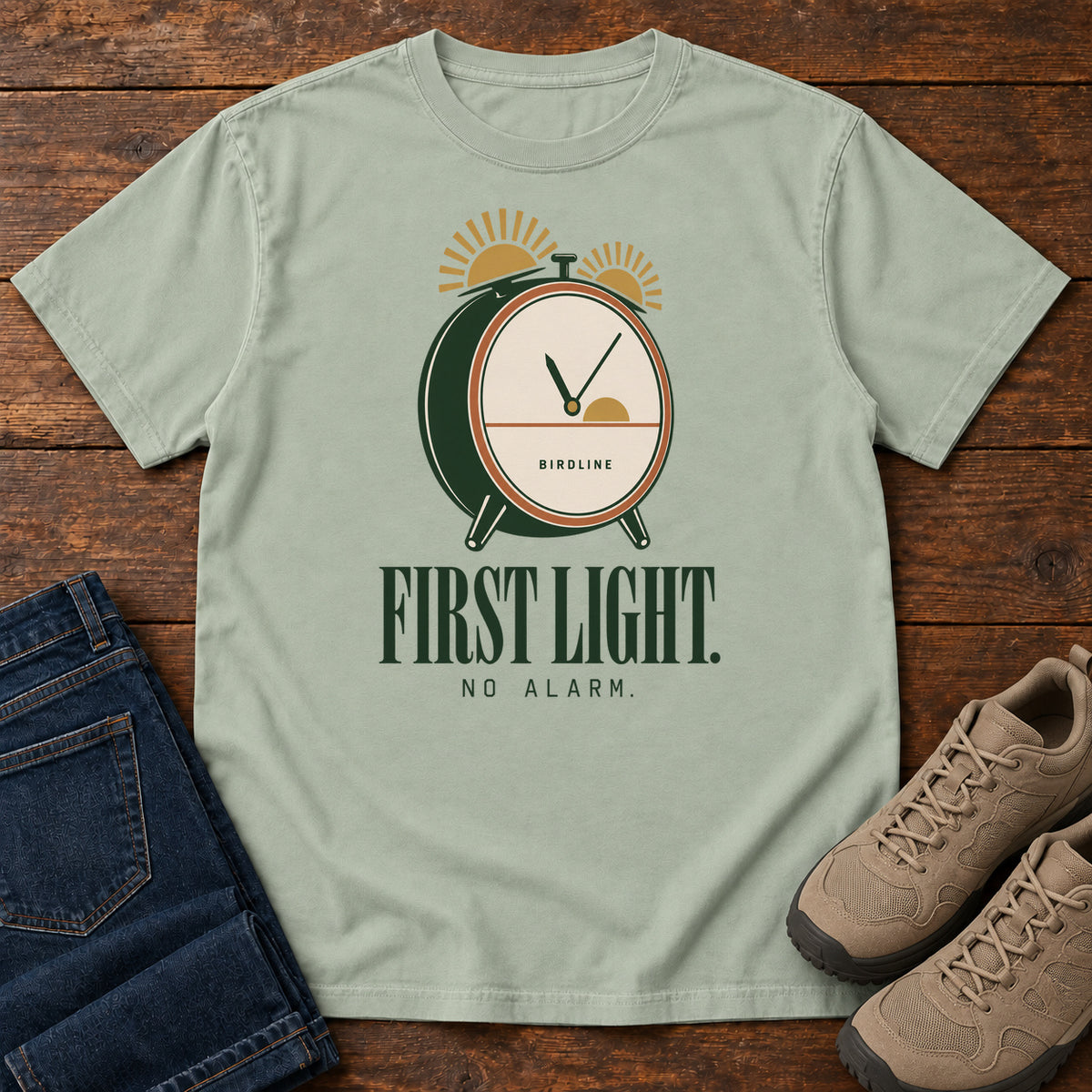 Bay First Light No Alarm T-Shirt with a green-and-cream clock with gold sunrise shapes above First Light No Alarm lettering, front flat lay on wood.