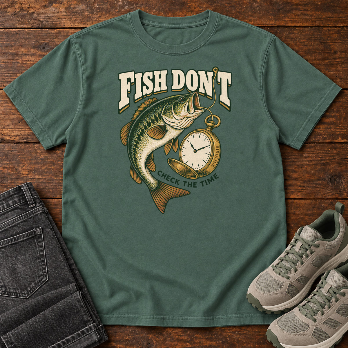 Blue Spruce Fish Don't Check the Time T-Shirt with a green fish curving beside an open gold pocket watch; front flat lay on wood.