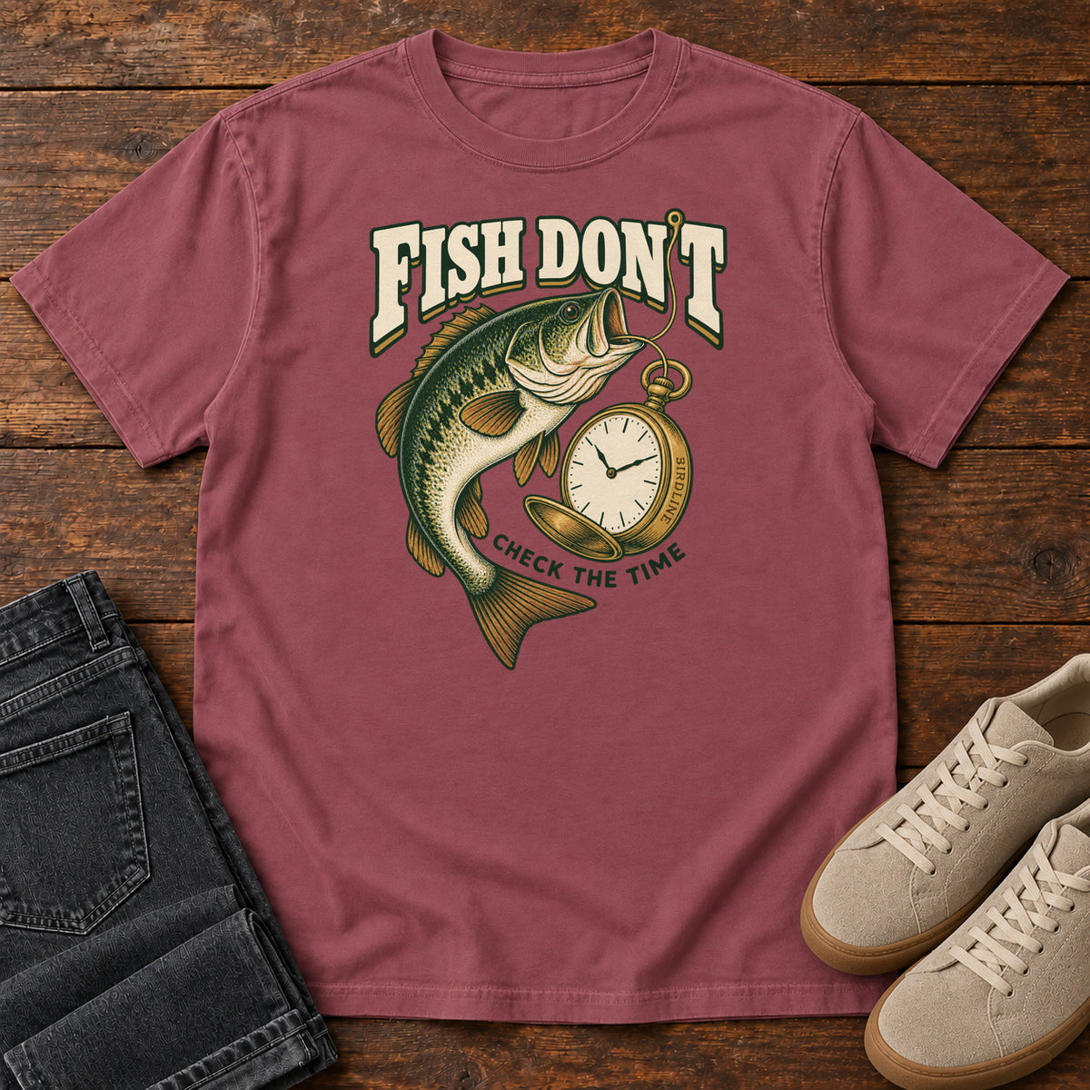Brick Fish Don't Check the Time T-Shirt with a green fish curving beside an open gold pocket watch; front flat lay on wood.