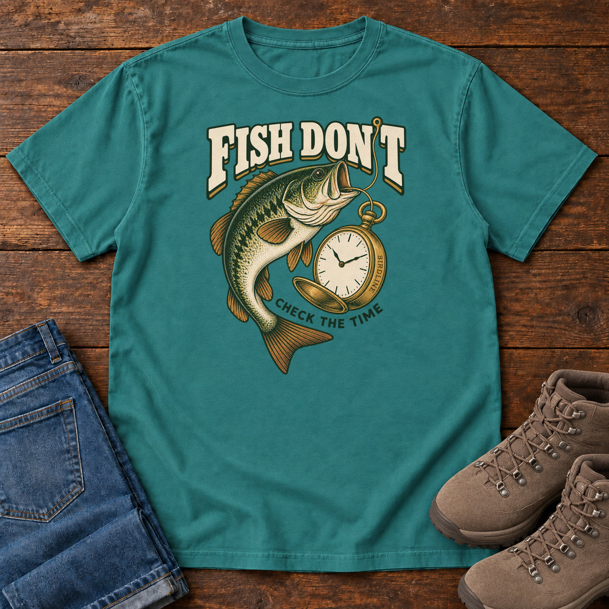 Emerald Fish Don't Check the Time T-Shirt with a green fish curving beside an open gold pocket watch; front flat lay on wood.