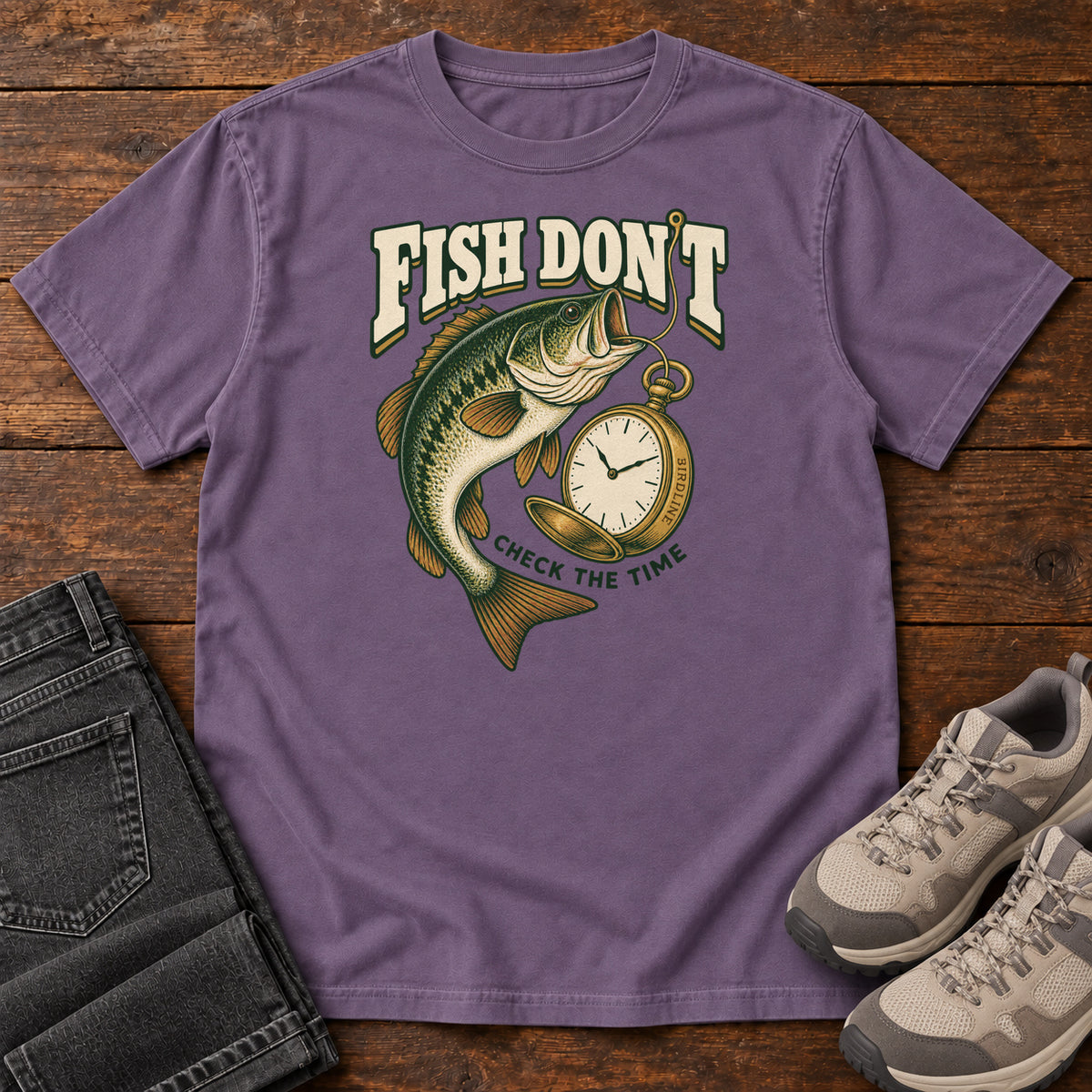 Grape Fish Don't Check the Time T-Shirt with a green fish curving beside an open gold pocket watch; front flat lay on wood.