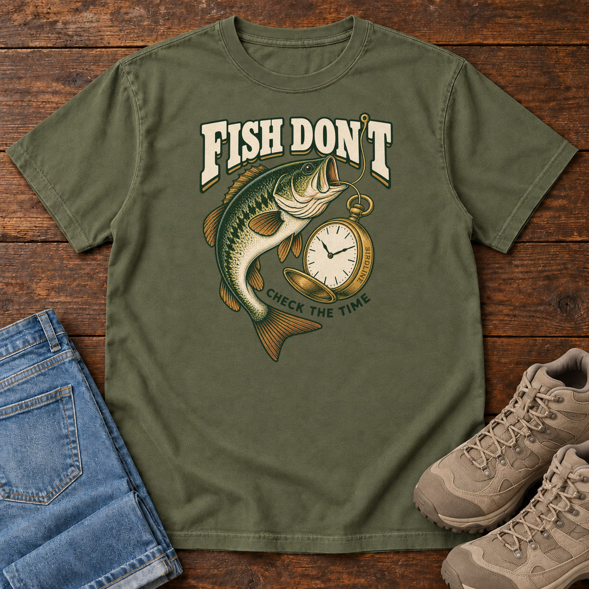 Hemp Fish Don't Check the Time T-Shirt with a green fish curving beside an open gold pocket watch; front flat lay on wood.