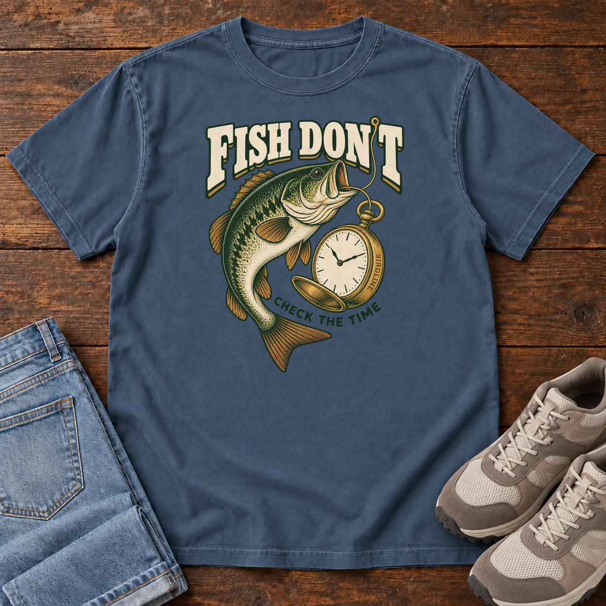 Midnight Fish Don't Check the Time T-Shirt with a green fish curving beside an open gold pocket watch; front flat lay on wood.