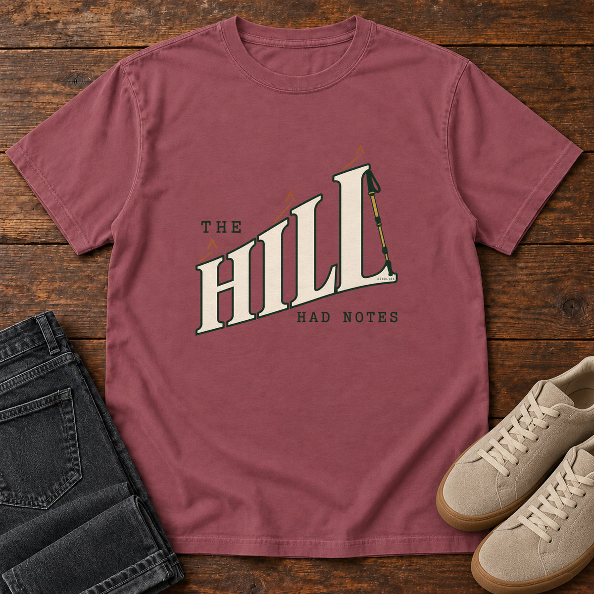 The Hill Had Notes T-Shirt in Brick, front laid flat on wood, featuring ascending cream HILL lettering with small orange chevrons and a trekking pole.
