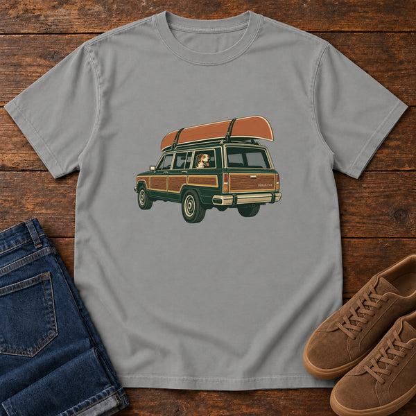 Canoe Wagon and Dog T-Shirt in Grey, front view