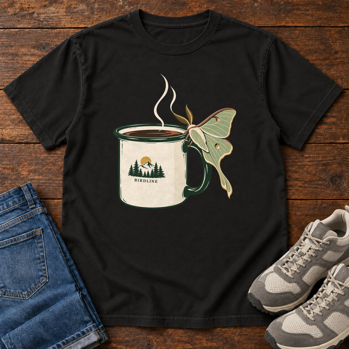 Black Coffee and Luna Moth T-Shirt with a steaming cream camp mug with green trim and a pale green long-tailed moth; front flat lay on wood.