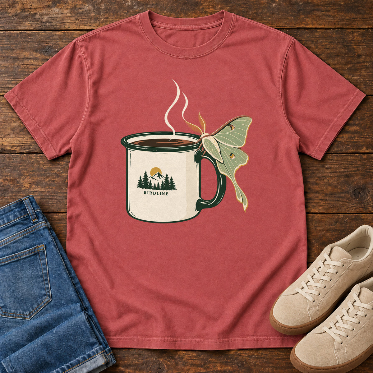 Crimson Coffee and Luna Moth T-Shirt with a steaming cream camp mug with green trim and a pale green long-tailed moth; front flat lay on wood.
