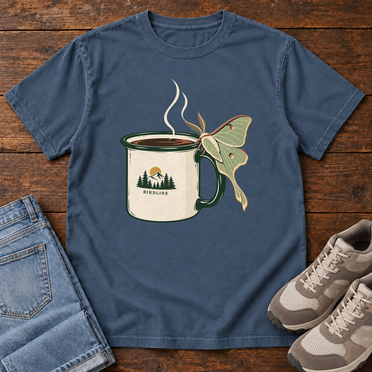 Midnight Coffee and Luna Moth T-Shirt with a steaming cream camp mug with green trim and a pale green long-tailed moth; front flat lay on wood.
