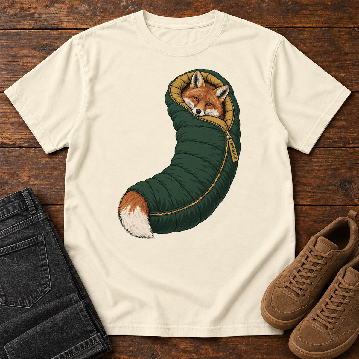 Ivory Fox in a Sleeping Bag T-Shirt with an orange fox tucked into a green sleeping bag with its white-tipped tail showing; front flat lay on wood.