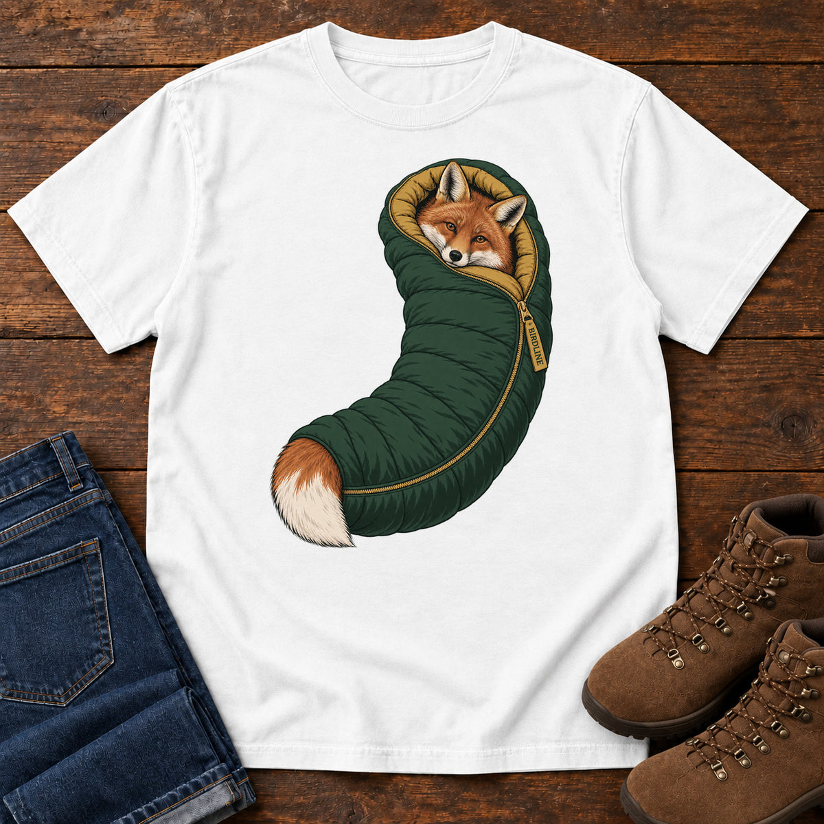 White Fox in a Sleeping Bag T-Shirt with an orange fox tucked into a green sleeping bag with its white-tipped tail showing; front flat lay on wood.
