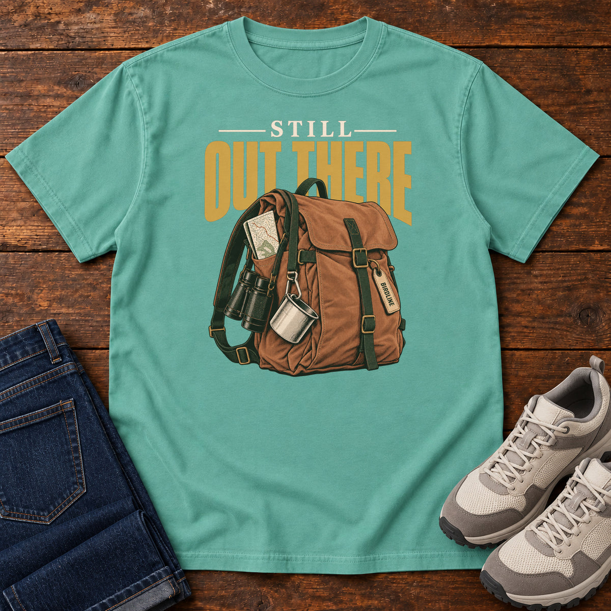 Seafoam Still Out There T-Shirt with a brown hiking backpack with binoculars, a mug and gold lettering, front flat lay on wood.