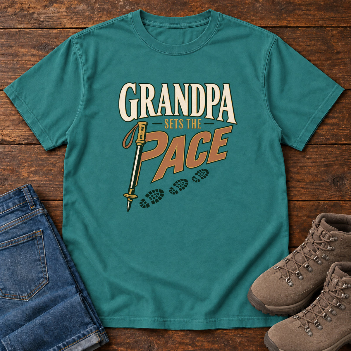 Grandpa Sets the Pace T-Shirt in Emerald, front laid flat on wood, featuring cream-and-orange slogan lettering beside a trekking pole and a trail of boot prints.