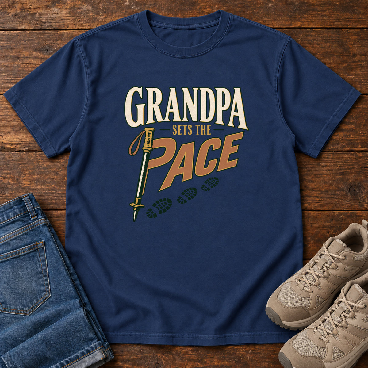 Grandpa Sets the Pace T-Shirt in True Navy, front laid flat on wood, featuring cream-and-orange slogan lettering beside a trekking pole and a trail of boot prints.