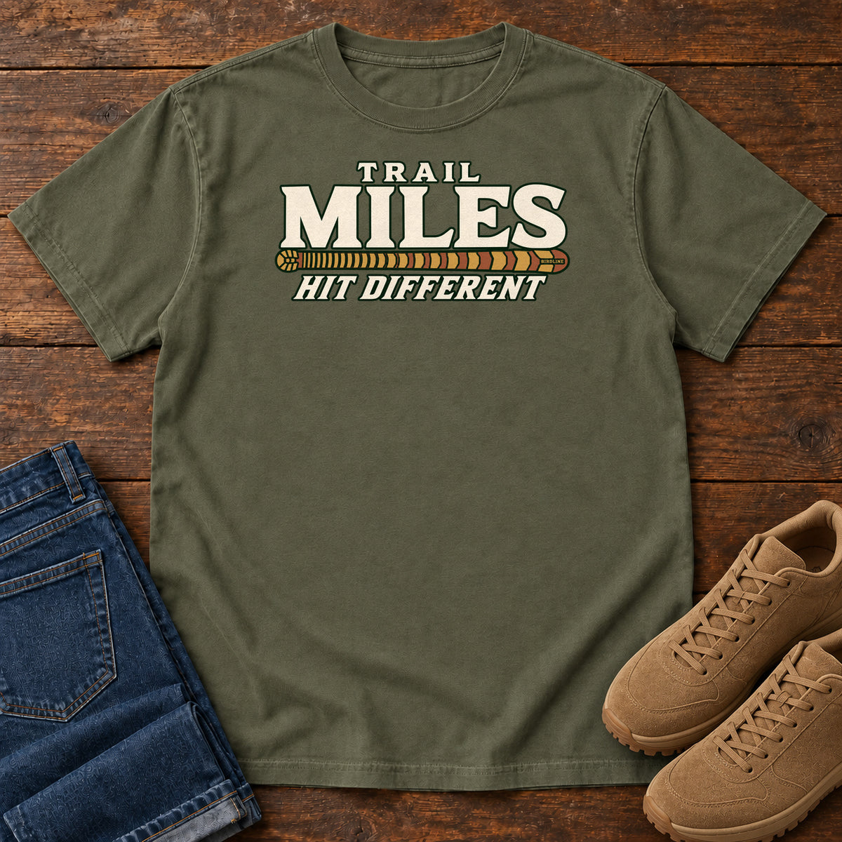 Sage Trail Miles Hit Different T-Shirt with cream lettering and a gold-to-rust patterned stripe, front flat lay on wood.