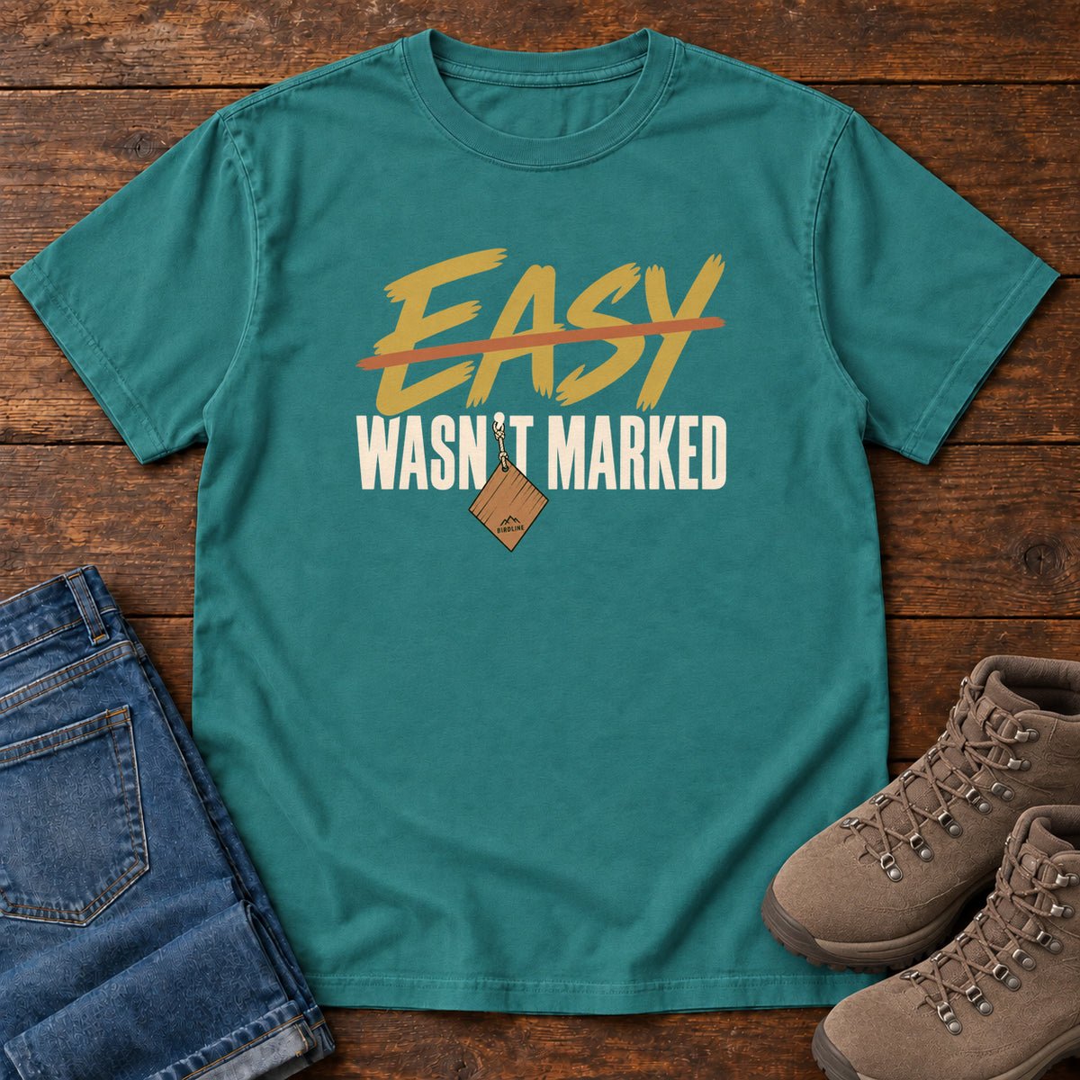 Emerald Easy Wasn't Marked T-Shirt with gold Easy lettering crossed out in orange above cream Wasn't Marked text, front flat lay on wood.