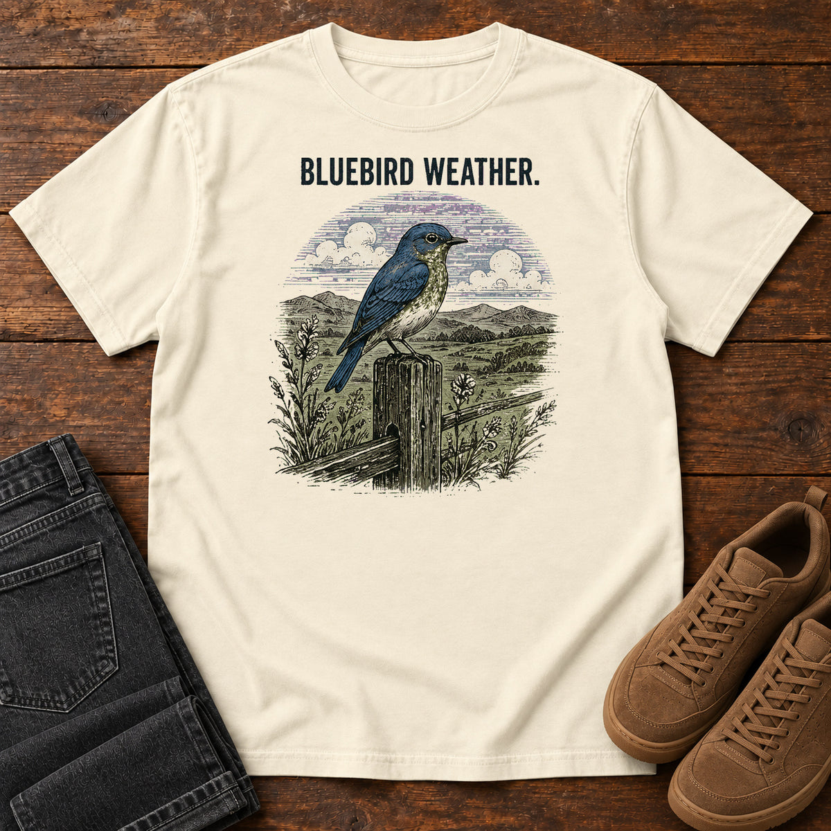 Ivory Bluebird Weather Meadow T-Shirt with a blue-and-orange bird on a fence post overlooking flowers, hills and clouds; front flat lay on wood.