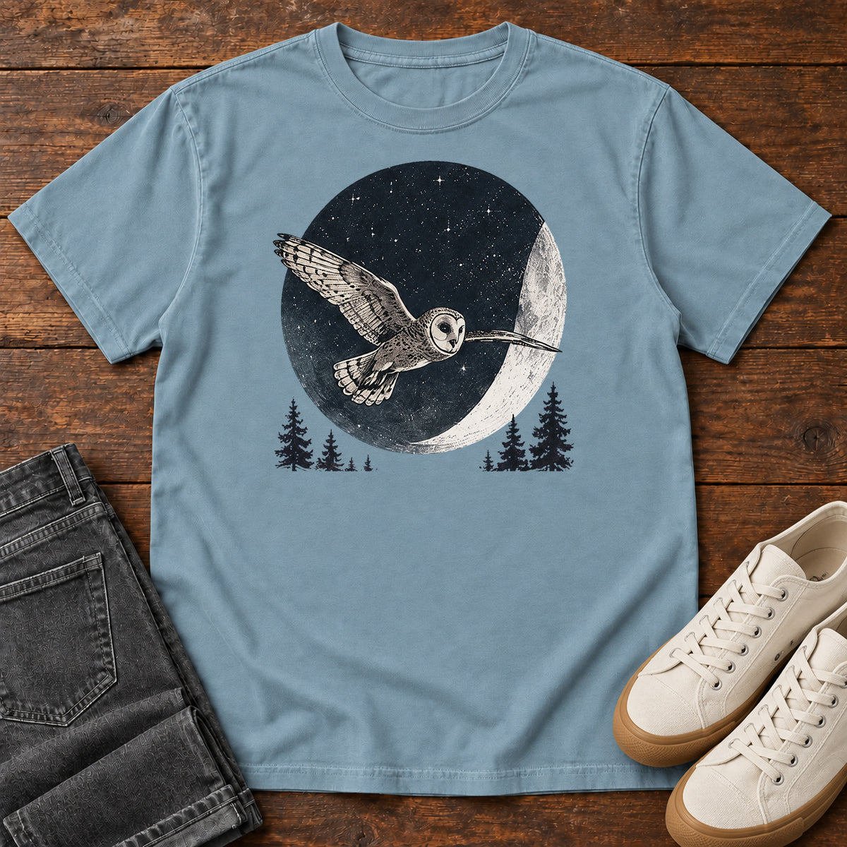 Barn Owl Moon T-Shirt in Ice Blue