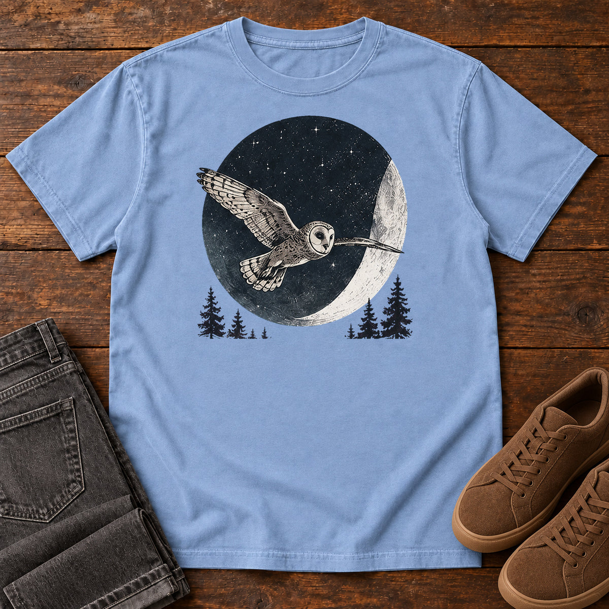 Barn Owl Moon T-Shirt in Washed Denim