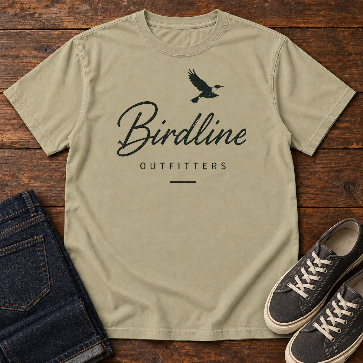 Khaki Birdline Script Logo T-Shirt with black Birdline Outfitters script and a flying bird silhouette; front flat lay on wood.