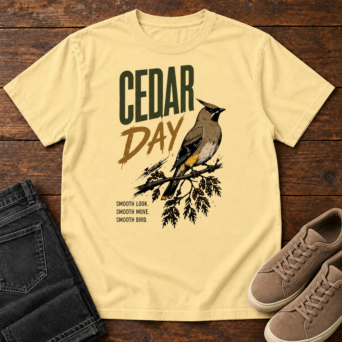 Butter Cedar Day T-shirt with a crested bird on a branch and Cedar Day lettering, laid flat on a wooden surface.