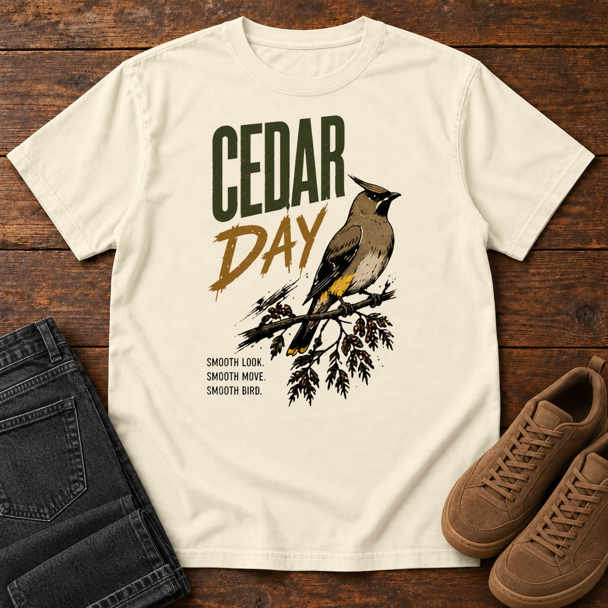 Ivory Cedar Day T-shirt with a crested bird on a branch and Cedar Day lettering, laid flat on a wooden surface.