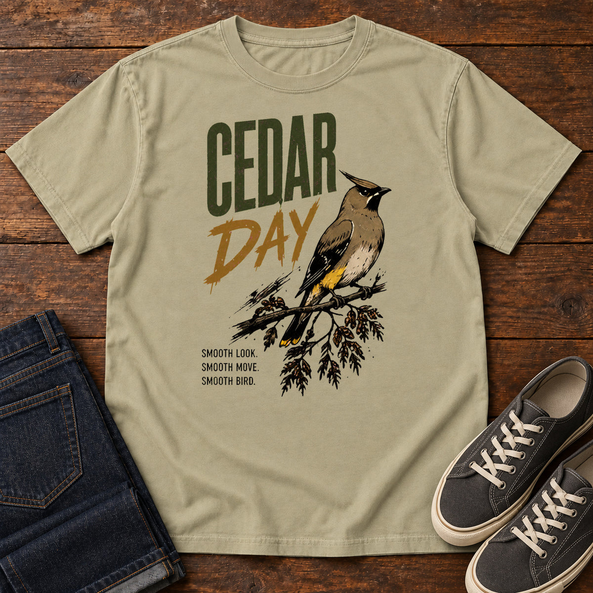 Khaki Cedar Day T-shirt with a crested bird on a branch and Cedar Day lettering, laid flat on a wooden surface.