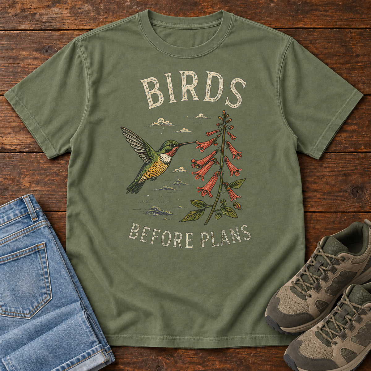 Birds Before Plans Hummingbird T-shirt in Moss