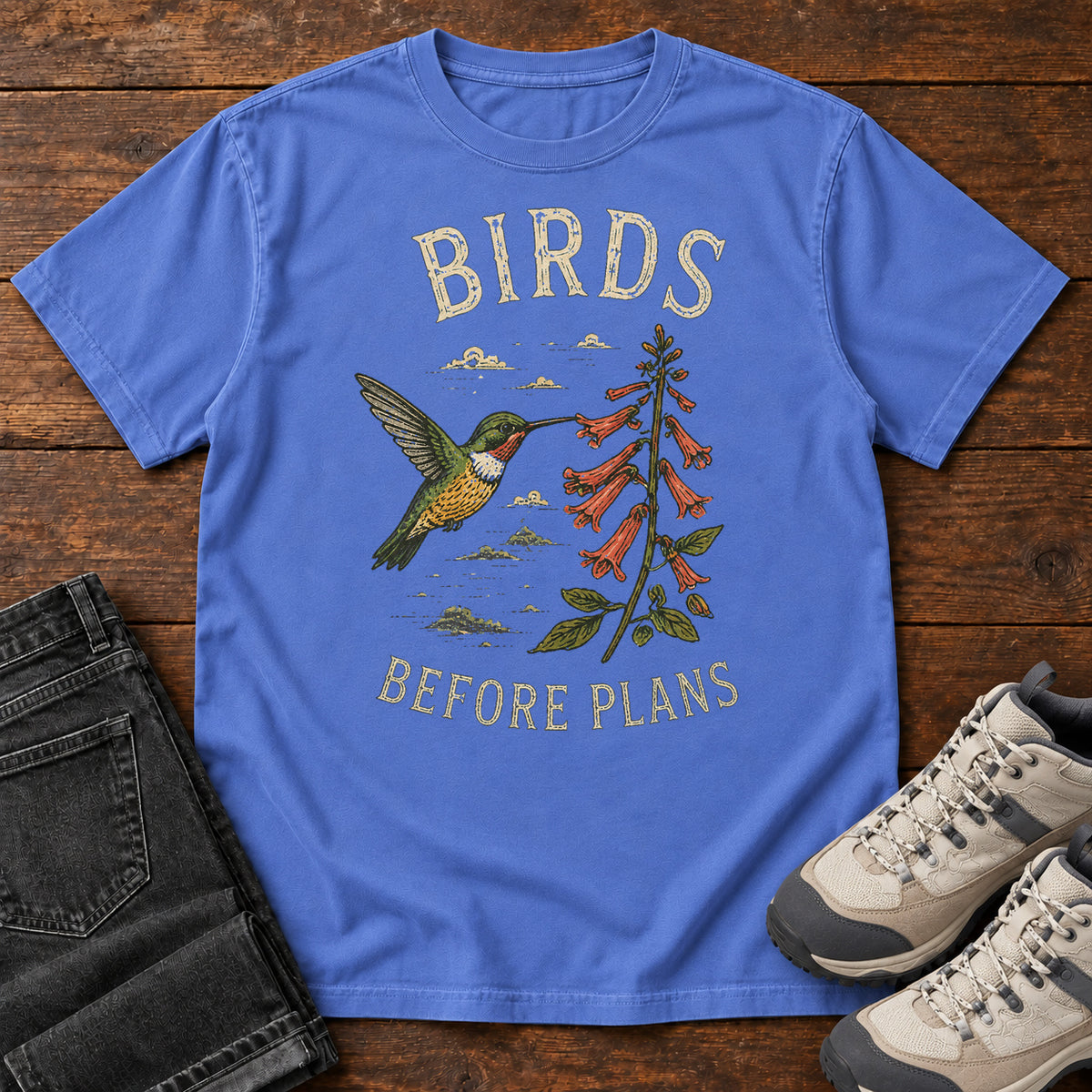 Birds Before Plans Hummingbird T-shirt in Mystic Blue