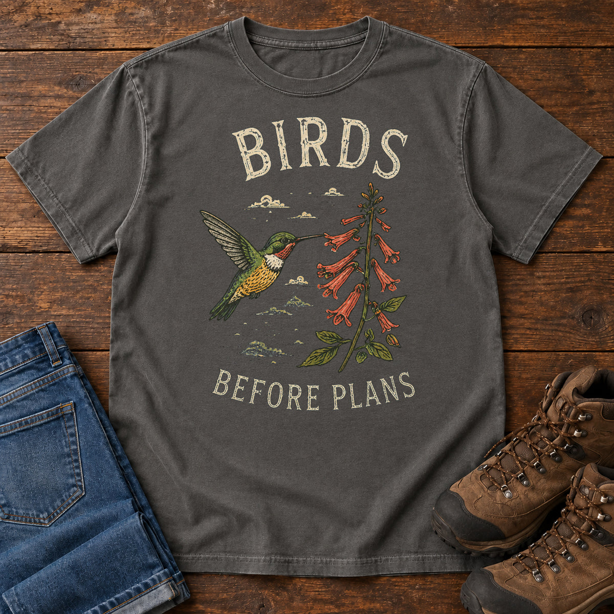 Birds Before Plans Hummingbird T-shirt in Pepper