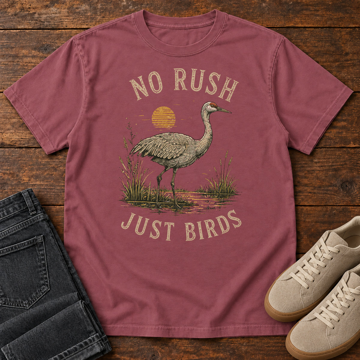 No Rush Just Birds Crane T-shirt in Brick
