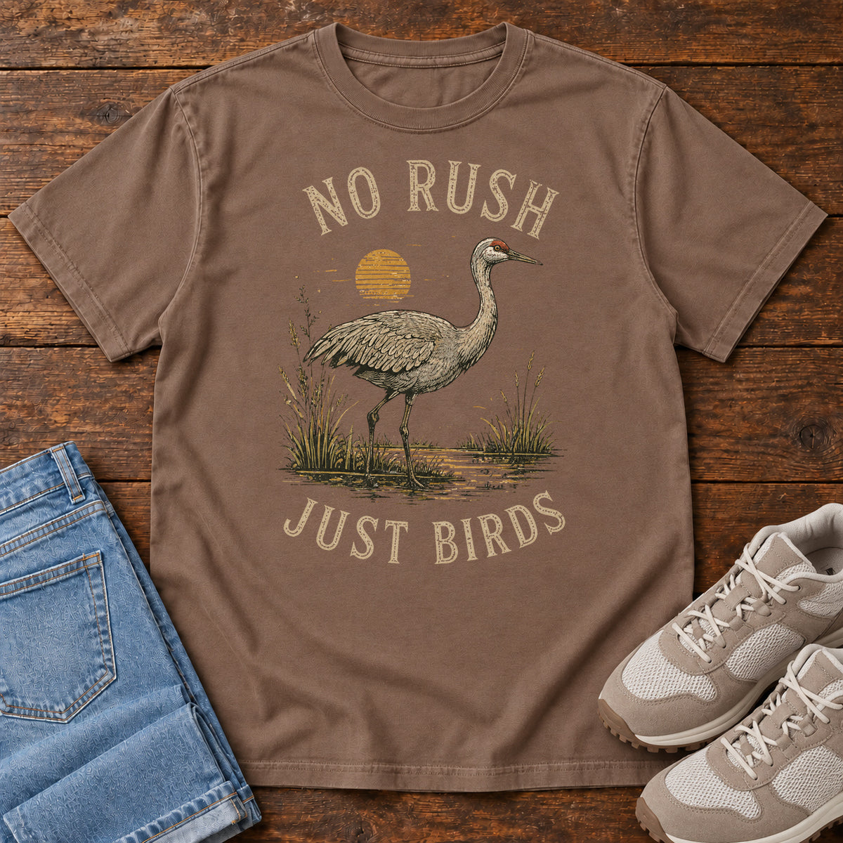 No Rush Just Birds Crane T-shirt in Espresso