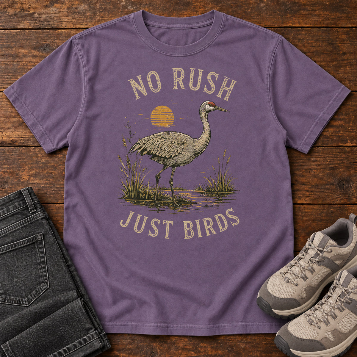 No Rush Just Birds Crane T-shirt in Grape