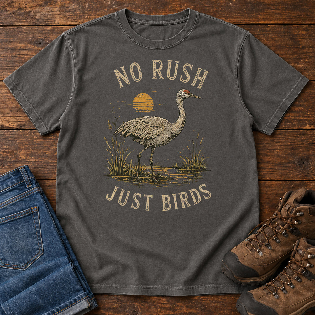No Rush Just Birds Crane T-shirt in Pepper