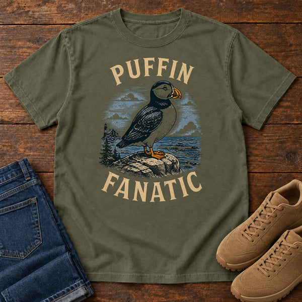 Puffin Fanatic T-shirt in Sage, front view